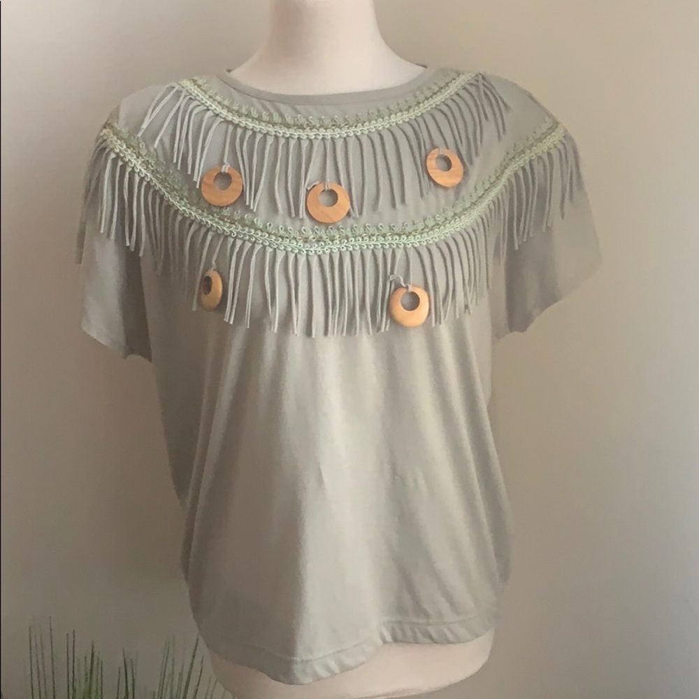VINTAGE 80s 90s Sage Green Fringe T Shirt